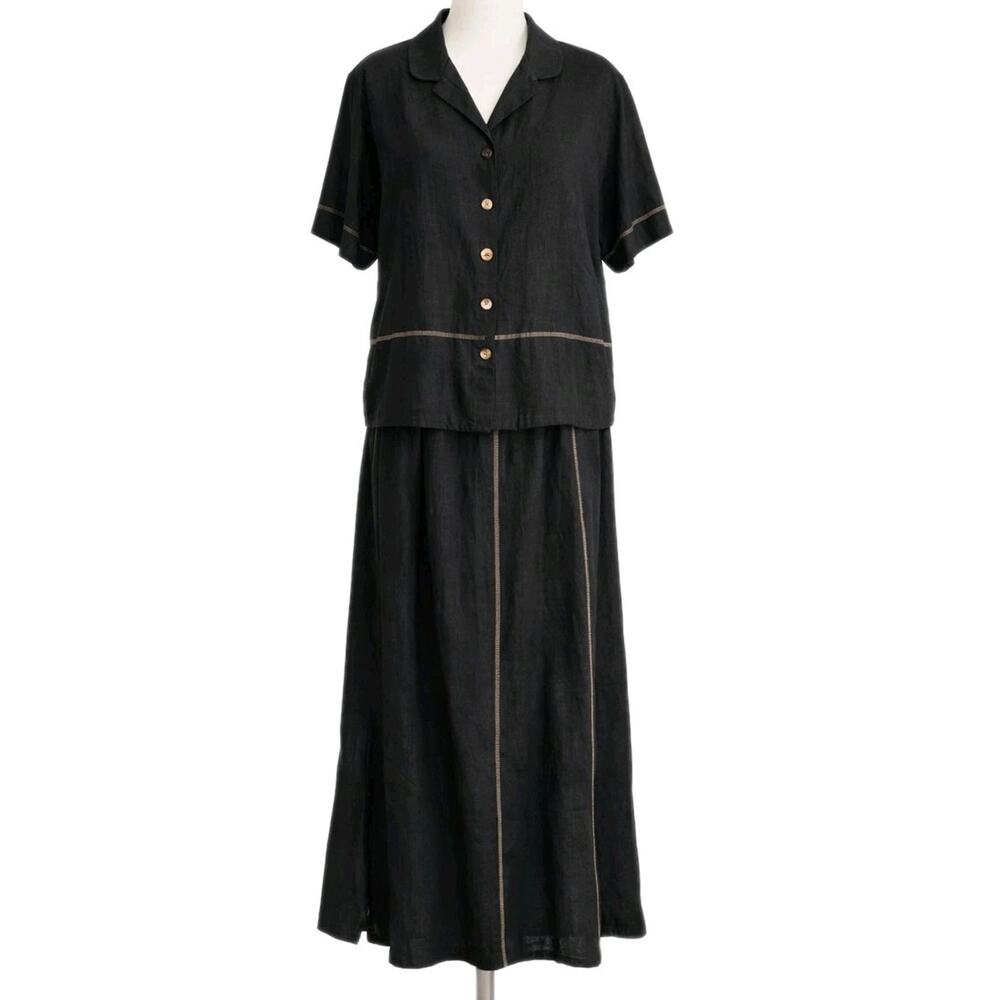 Vtg Bonnie Boynton Flax Linen Skirt Set Black Women L Boho Minimalist Outfit